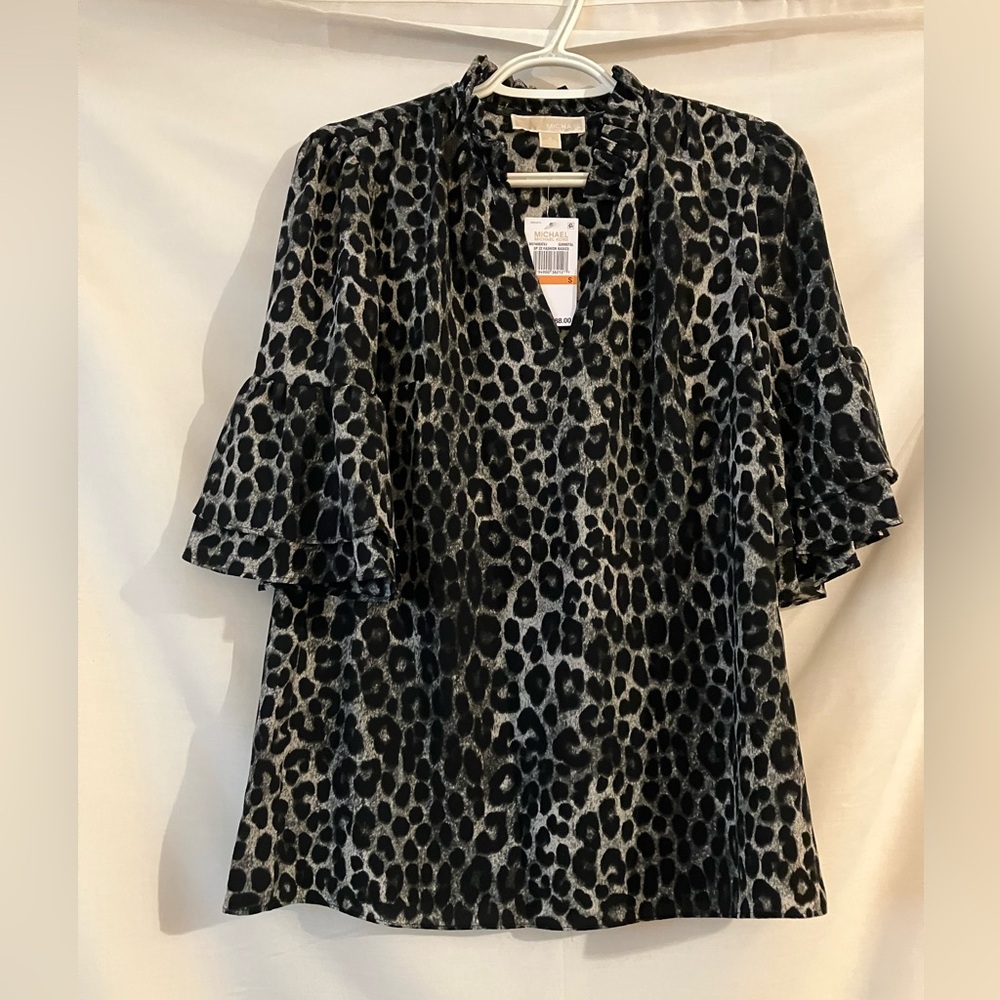 NWT Michael Kors Leopard Animal Print Gunmetal Ruffle Sleeve Blouse Top Sz S $88